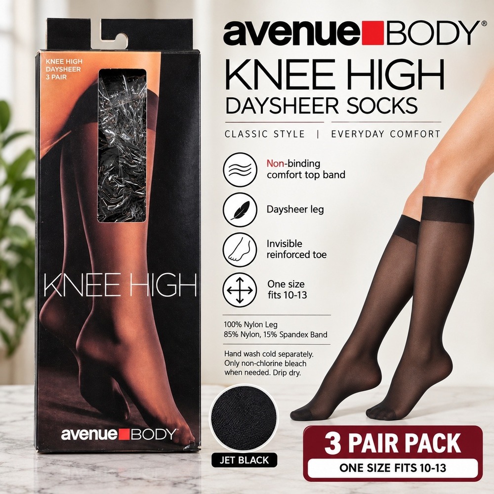 Avenue Body Knee High Daysheer Socks 3 Pair Pack Jet Black One Size 10-13 NIB